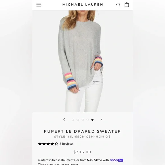 Michael Lauren 100% Cashmere RUPERT LE DRAPED SWEATER Gray Sweater Striped Cuffs